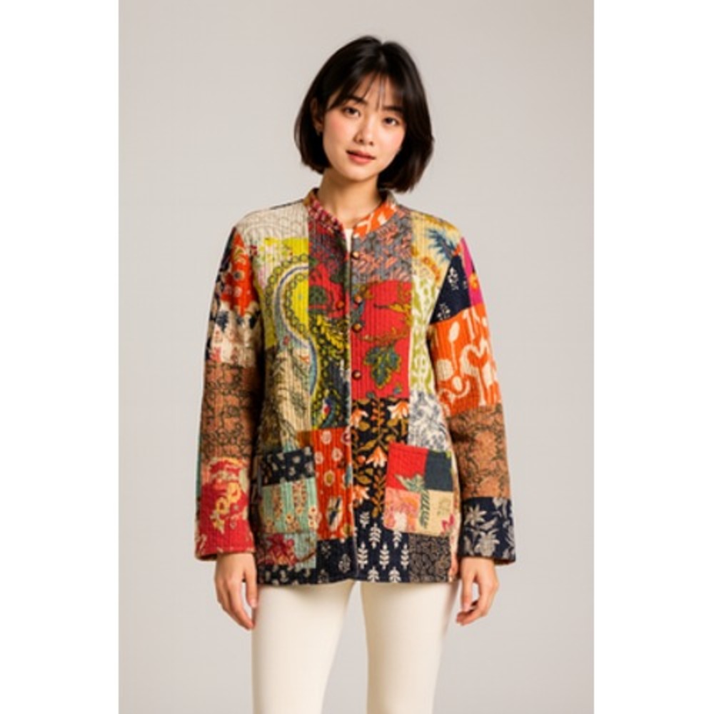 Handmade Reversible Kantha Quilted Patchwork Jacket Boho Cotton Floral India L